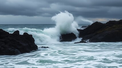 Naklejka premium oligarchy. Ocean waves crashing against a dark rocky coastline with a stormy sky. travel magazines, destination branding, designed for outdoor magazines and nature guides. 