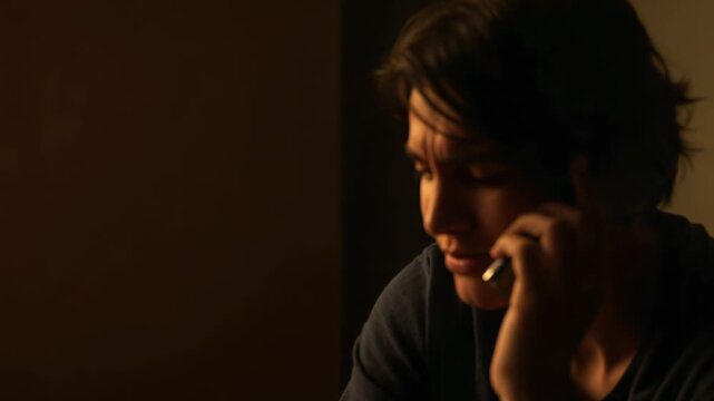Phone ringing man holding phone to right-ear hearing mulling bedroom in dark top warm lamp door