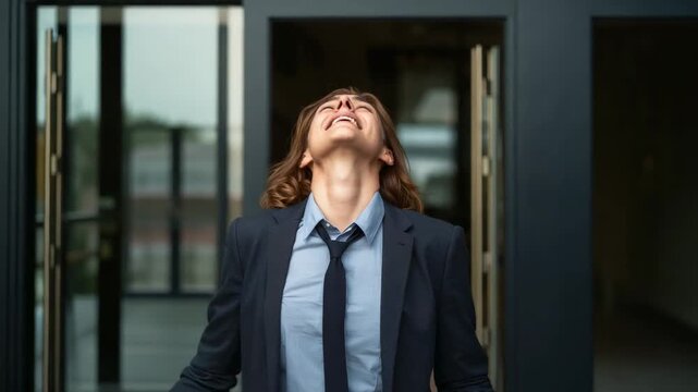 Exiting woman in dark blazer and tie tilting head back at glass-door entrance, breathing fresh air