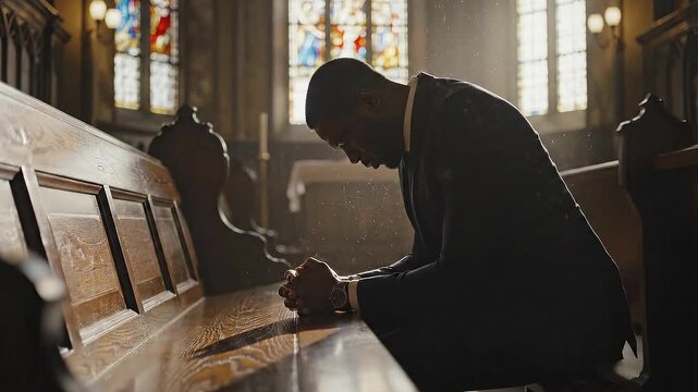Man In Suit Praying In Church Pew With Stained Glass Windows And Sunlight Rays Evoking Spiritual Serenity
