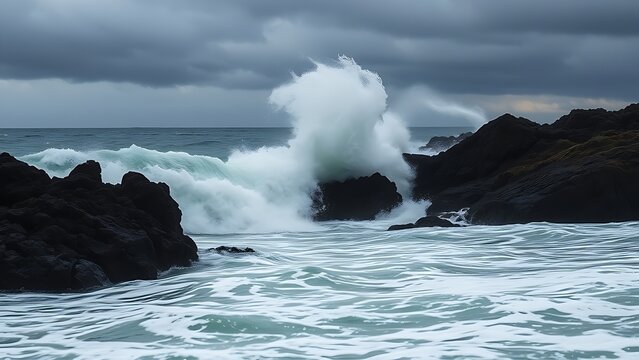oligarchy. Ocean waves crashing against a dark rocky coastline with a stormy sky. travel magazines, destination branding, designed for outdoor magazines and nature guides.
