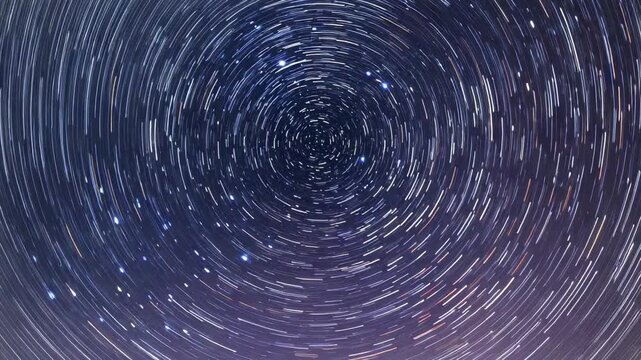 Recording camera capturing elongating star trails near celestial pole for timelapse, purple glow
