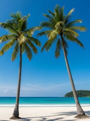 Naklejka premium Two palm trees on a white sand beach tropical paradise with turquoise water idyllic summer vacation destination