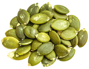 Pile of green pumpkin seeds, some with husks