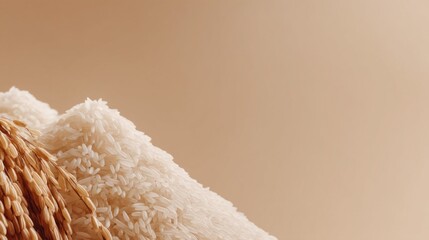 Soft grains of rice lie gracefully beside a rustic woven basket, showcasing the beauty of natural textures. This scene evokes warmth and the heart of culinary traditions