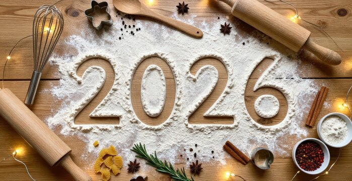 Creative 2026 New Year Baking Flat Lay with Flour and Spices
