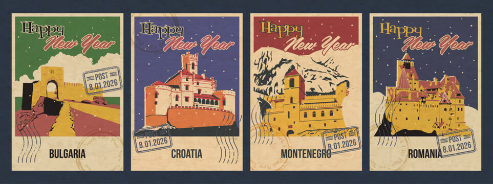 new year; holiday; greeting cards; attractions; postcards; montenegro; Ostrog Monastery; monastery; croatia; trakoscan; romania; transylvania; bran castle; bulgaria; kaliakra; happy new year; castle; 