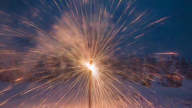 Igniting fountain on stake sending sparks and smoke across snow clearing at dusk, creating glow