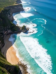 Fototapeta premium Aerial view of Nusa Penida coastline turquoise ocean waves crashing on sandy beach Bali Indonesia