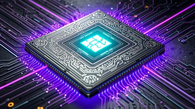 Receiving power microchip pulsing cyan core on dark PCB, revealing engraved top and purple traces