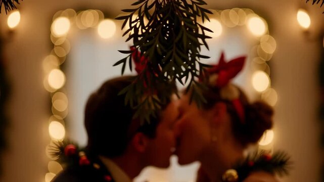 A man and a woman are kissing under green mistletoe at Christmas and New Year time