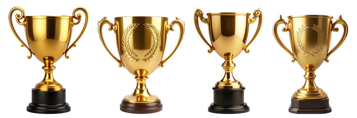 Golden Trophies – Polished Metal Awards with Engraved Handles for Achievement Recognition and Event Graphics
