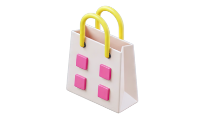 Light Beige Shopping Bag with Yellow Handles and Pink Square Embellishments Isolated on Transparent Background