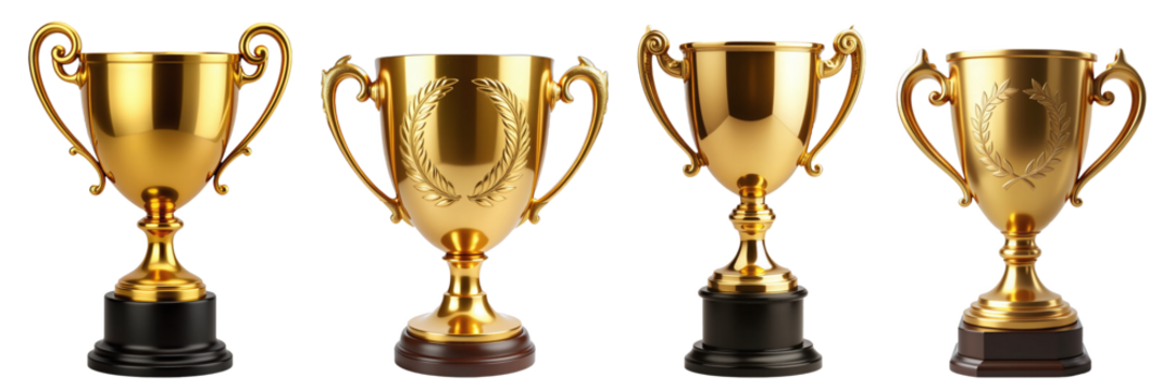 Golden Trophies – Polished Metal Awards with Engraved Handles for Achievement Recognition and Event Graphics