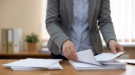 Business professional organizing paperwork on office desk administrative tasks and efficient