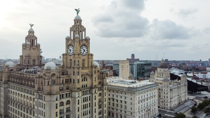 Aerial view of the Three Graces in Liverpool showing the Royal Liver Building, the Cunard Building and the Port of Liverpool Building