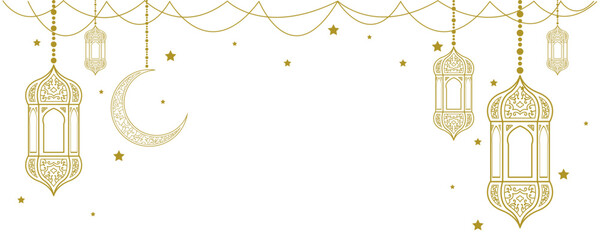 Islamic Background with Gold lanterns a crescent moon and stars on white.