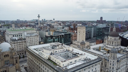 Aerial view showing the Port of Liverpool Building, the Cunard Building and the Liverpool skyline with Radio City Tower