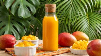 Vibrant arrangement of a glass bottle filled with fresh mango juice, surrounded by ripe mangoes and bowls of diced mango, set on a colorful cloth with tropical green leaves.