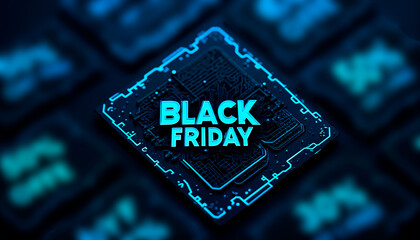 Futuristic neon blue diamond frame with black friday text glowing on a dark abstract digital background