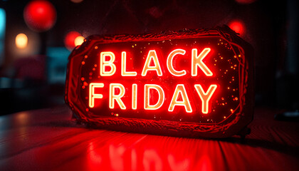 Bright red neon sign glowing with the words black friday announcing a major shopping event and sale