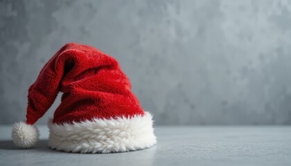 Red Santa hat with white fluffy trim resting on a cool gray surface.