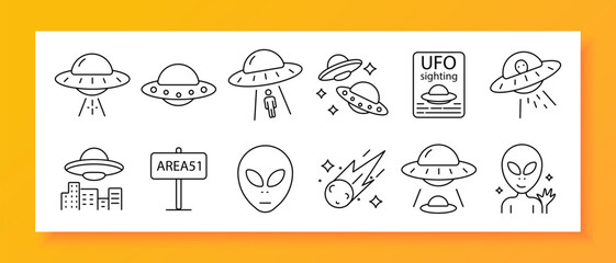 UFO set icon. Spaceship, alien, abduction, meteor, star, galaxy, planet, space, report, Area 51, mystery, science fiction, sighting, flight, sky, extraterrestrial, cosmos, discovery, UFO, night