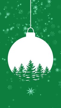 Christmas Background With Hanging Ornament And Falling Snow. Vertical Format Suitable For Social Media Stories And Holiday Greeting Cards. Minimalist Green And White.