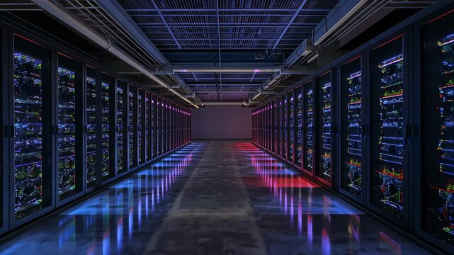 Pulsing LED signals initiating color shifts along server aisle reflecting on polished floor