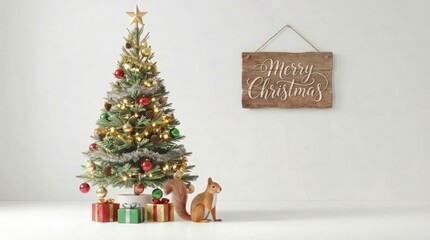 Decorated Christmas tree with sparkling lights, baubles, and gifts, featuring a cute squirrel and three small gift boxes underneath, next to a Merry Christmas wooden sign. Copy space