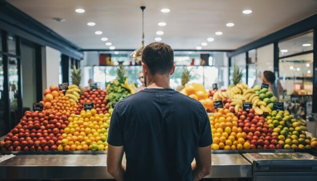 Man admires abundant fresh fruit selection in market - Powered by Adobe