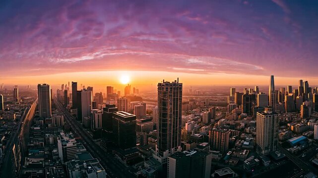 Bathing central tower over downtown while sun moving near horizon, lighting road and rippled clouds