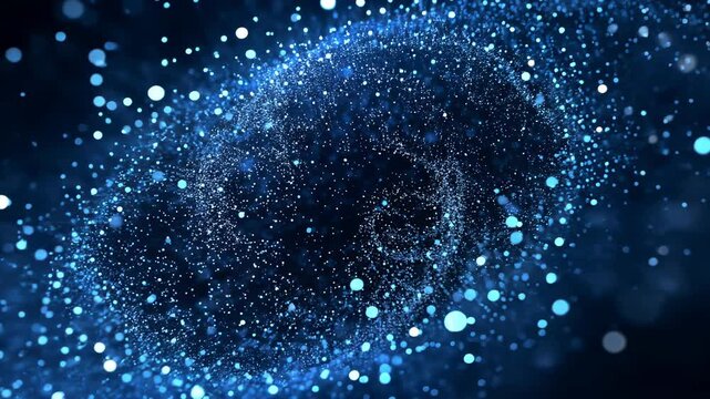 Camera pulling closer, blue torus particle cloud rotating and tilting in dark field, revealing void