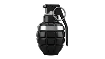 Realistic Black Fragmentation Grenade with Metal Ring and Clip on Transparent Background Dramatic Lighting Studio Shot