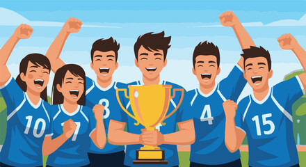 Diverse group of young athletes celebrating a victory with a championship trophy, embodying teamwork and achievement