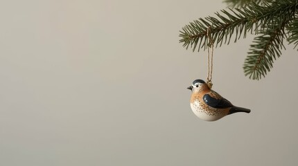 Minimalist scene of a single, hand-painted ceramic bird ornament hanging from a subtly lit fir branch, muted pastels, clean composition, focus on texture. Generative AI