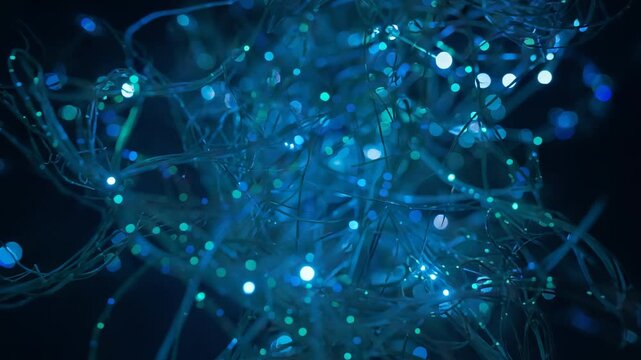 Shifting camera focus revealing finer blue-green beads on tangled filaments in dark macro setup