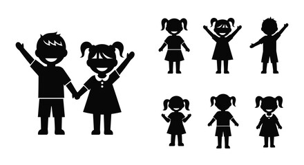 Silhouette collection of cheerful children with varied hairstyles and poses