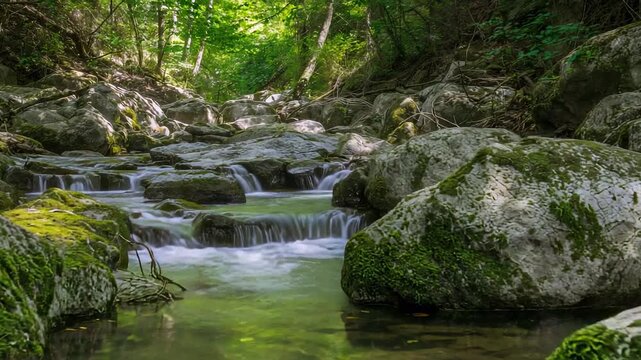 Flowing wooded stream gaining speed with upstream cascades starting, reflecting canopy, mossy rocks