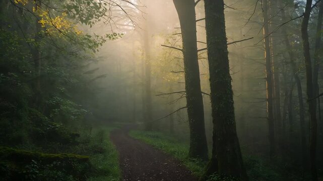 Piercing sunlight revealing winding trail and central trunks in misty forest, drawing view deeper