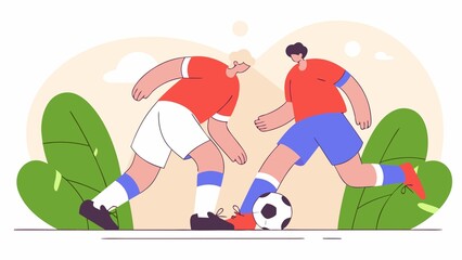 Two football players in red jerseys challenge each other for possession of the ball during a fast-paced game