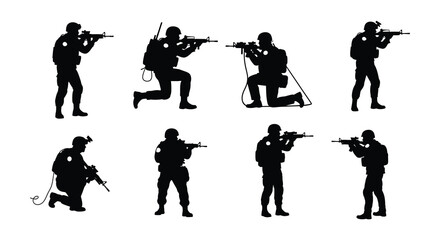 Silhouette figures of soldiers in various shooting positions armed with rifles © nurjahan