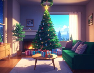 Cozy living room with a beautifully decorated Christmas tree, glowing fireplace, wrapped gifts, green sofa, and large windows letting in bright winter sunlight.
