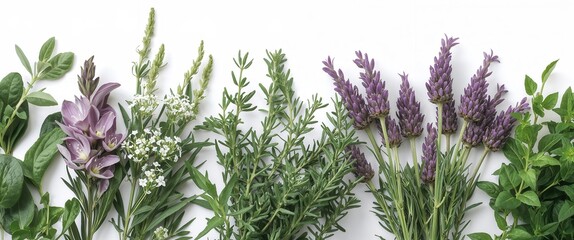 An artful flat lay showcases various aromatic herbs and flowers on a clean, white backdrop.