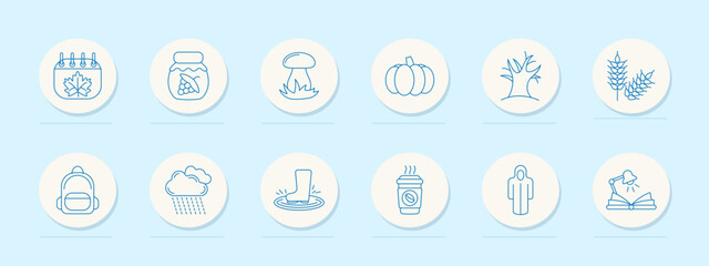Fototapeta premium Autumn set icon. Circular line icons showing fall calendar, jar, mushroom, pumpkin, tree, wheat, rain, puddle, coffee, hoodie, book, and backpack with seasonal visual cues