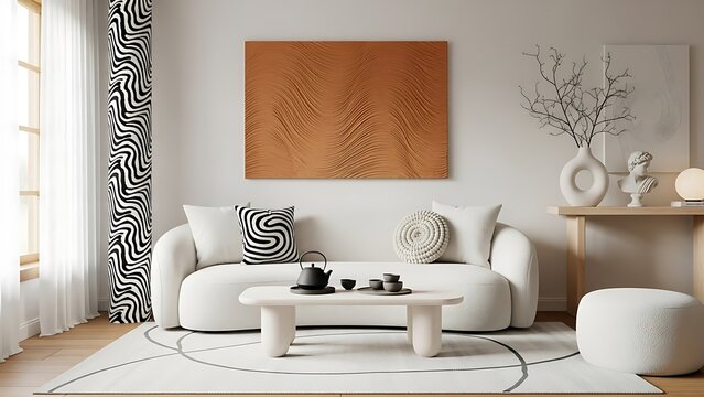 Stylish living room interior with modern art and zebra print curtains - Powered by Adobe