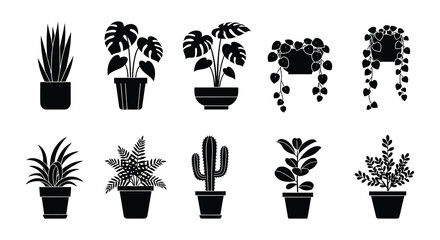 Black silhouettes of various potted indoor plants in a decorative arrangement