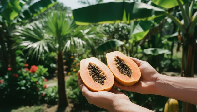 Hands holding fresh ripe papaya fruit in a tropical garden - Powered by Adobe
