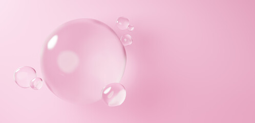 ピンクの背景に浮かぶ複数の水の球体。水滴。コピースペース。3D（横長）