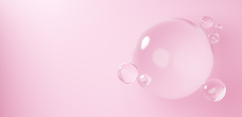 3D Illustration.Multiple water spheres floating against a pink background. Water droplets. Copy space. (Horizontal)